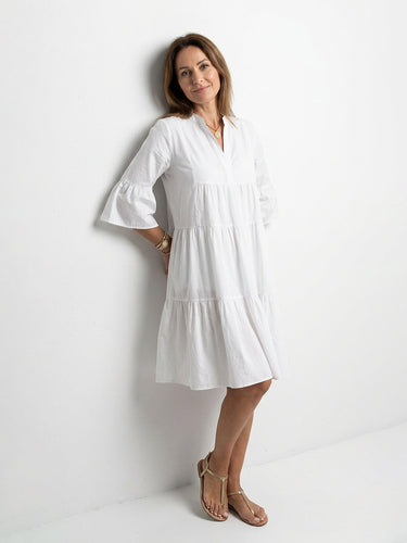 1786700 Flared Sleeves Loose Pleated Solid Color Split-Joint V-Neck Midi Dresses