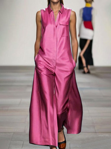1652122 Losse mouwloze zakken, effen kleur revers jumpsuits