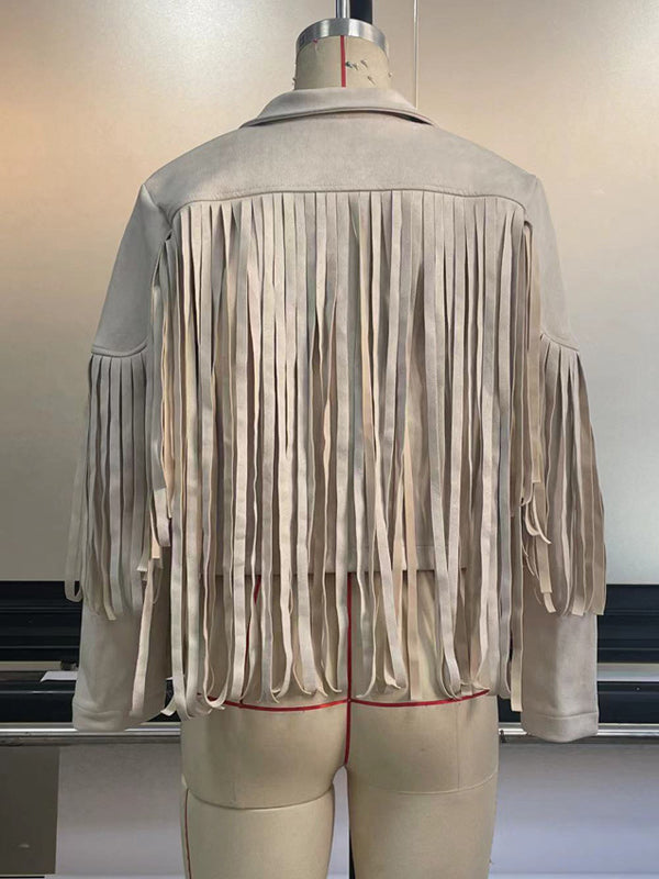 Long Sleeves Solid Color Split-Joint Tasseled Notched Collar Jackets main image 0