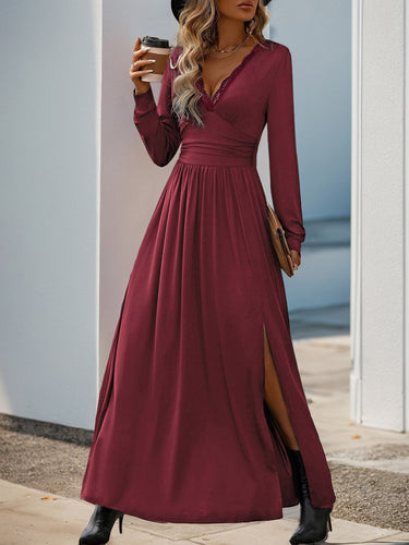 1749389 A-Line High Waisted Pleated Solid Color Split-Side V-Neck Maxi Dresses
