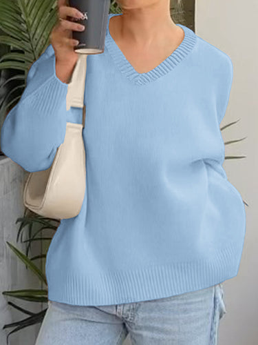 1717837 Long Sleeves Loose Ribs Solid Color V-Neck Sweater Tops