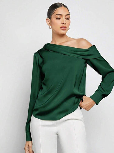 1728961 Long Sleeves Skinny Pleated Solid Color Split-Joint One-Shoulder Blouses&Shirts Tops