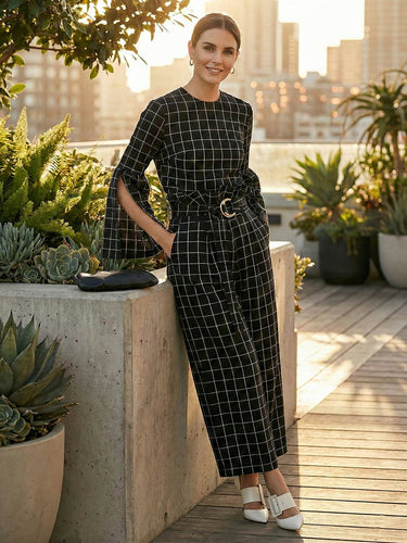 Flared Sleeves Long Sleeves Contrast Color Plaid Split-Joint Round-Neck Blouses&Shirts Tops