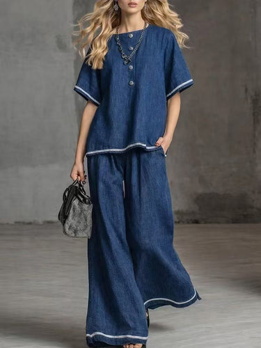 1776549 Loose Short Sleeves Buttoned Pockets Solid Color Round-Neck Blouses Top + Pants Bottom Two Pieces Set
