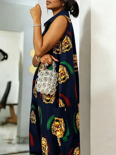 1787429 Loose Sleeveless Pockets Printed Lapel Jumpsuits
