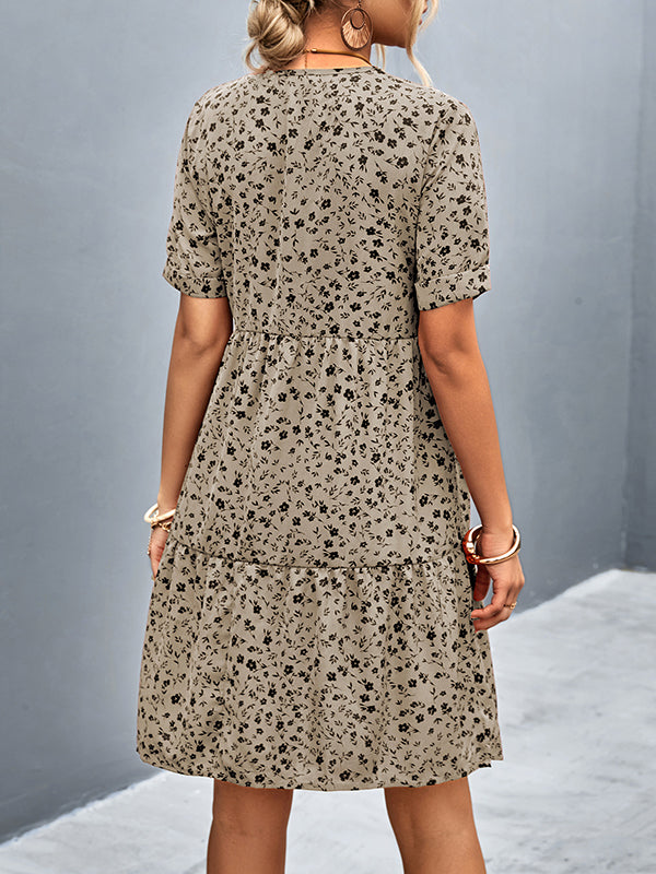 Long Sleeves Contrast Color Flower Print Split-Joint Tied Round-Neck Mini Dresses main image 1