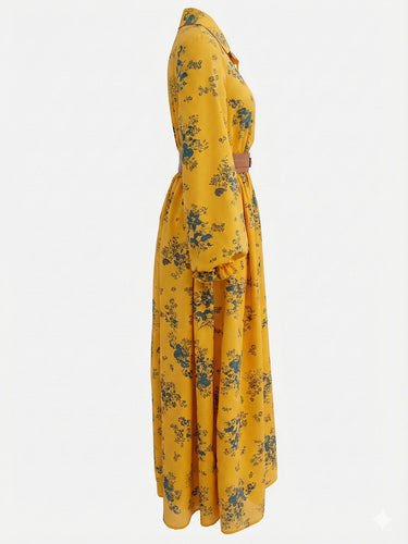 1740461 A-Line Elasticated Waist Belted Buttoned Contrast Color Flower Print Pleated Split-Joint Lapel Maxi Dresses Shirt Dress