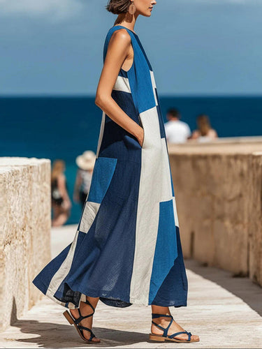 1785370 A-Line Loose Contrast Color Pockets Split-Joint Round-Neck Maxi Dresses