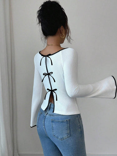 1738705 Long Sleeves Contrast Color Ribbed Knit Split-Joint Round-Neck Blouses&Shirts Tops