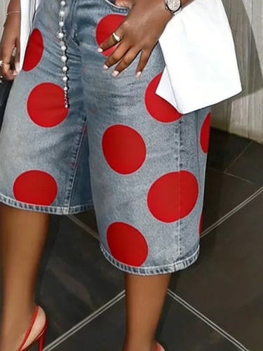 1759708 High Waisted Loose Pockets Polka-Dot Denim Shorts