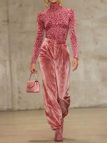 High Waisted Pleated Pockets Solid Color Velvet Pants Trousers