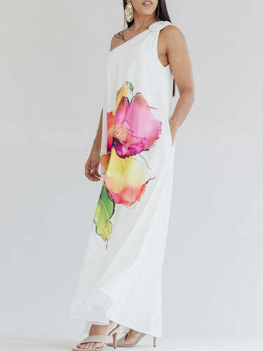 1784674 A-Line Loose Buckle Contrast Color Flower Print Pockets One-Shoulder Maxi Dresses