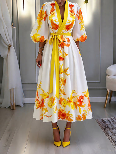 1784093 Loose Puff Sleeves Contrast Color Elasticity Flower Print Tied Waist Deep V-Neck Midi Dresses