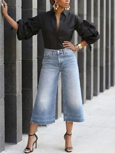 1779213 Loose Puff Sleeves Buttoned Solid Color Tied Lapel Blouses&Shirts Tops