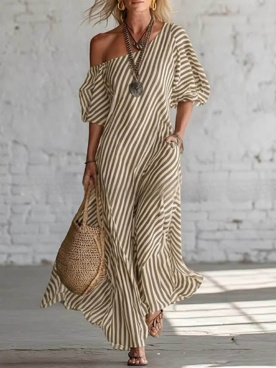 Uoozee-official Loose Plus Size Pockets Striped One-Shoulder Maxi Dresses KHAKI / S