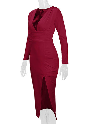 1726406 Bodycon Elasticated Waist Pleated Solid Color Split-Joint Split-Side Deep V-Neck Midi Dresses