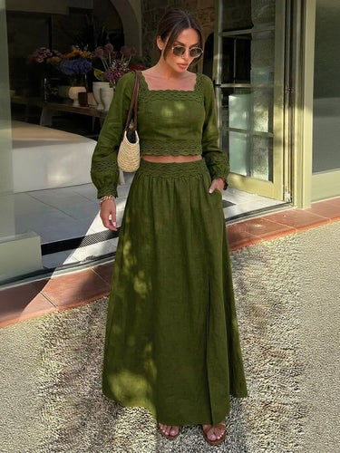 1788911 Split-side Solid Color Backless Long Sleeves High Waisted Square-neck Two Pieces Set Skirts Bottoms + Blouses&shirts Tops