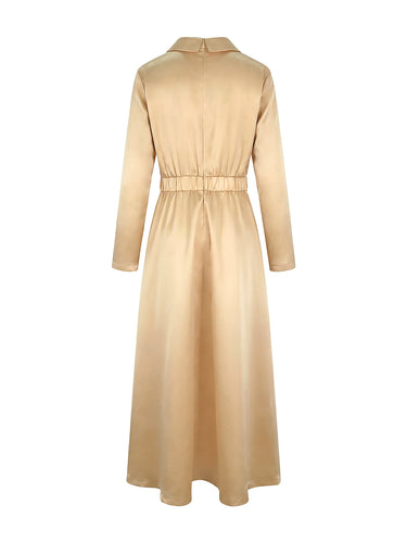 A-line عالية الخصر مطوية صلبة الصلبة V-neck maxi فساتين