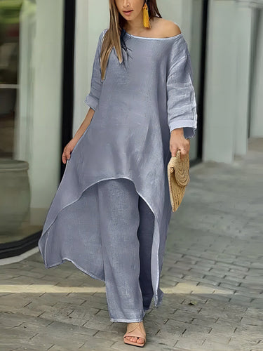 1780470 Asymmetric Solid Color High Waist High-Low Round-Neck Tops + Wide Leg Pants Bottoms Two Pieces Set