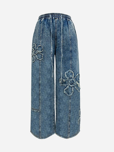 1772567 Cintura alta solta cordão elasticidade forma de flor franjas cor sólida calças jeans bottoms