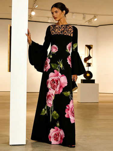 Flared Sleeves Long Sleeves Contrast Color Flower Print Hollow Print Split-Joint Round-Neck Maxi Dresses