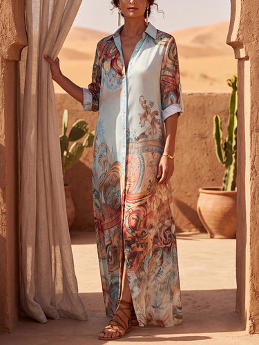 Long Sleeves Loose Buttoned Contrast Color Pockets Printed Lapel Maxi Dresses Shirt Dress