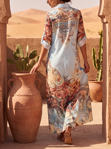 Long Sleeves Loose Buttoned Contrast Color Pockets Printed Lapel Maxi Dresses Shirt Dress