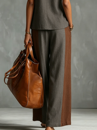 1782822 High Waisted Wide Leg Contrast Color Elasticity Pockets Pants Trousers