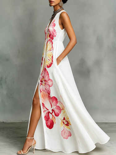 1779106 High Waisted Loose Buttoned Flower Print Pockets V-Neck Maxi Dresses