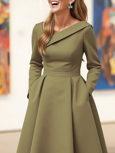 1718832 A-Line High Waisted Pleated Pockets Solid Color V-Neck Maxi Dresses