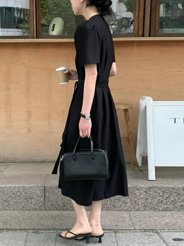 1784256 A-Line Loose Buttoned Solid Color Split-Joint Tied Waist V-Neck Midi Dresses