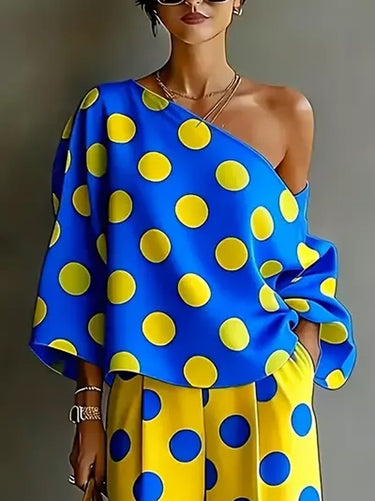 Long Sleeves Loose Asymmetric Polka-Dot One-Shoulder Blouses&Shirts Tops