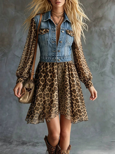 1783394 Long Sleeves Loose Buttoned Leopard Pockets Split-Joint Lapel Mini Dresses