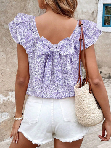 1777317 Blusa a maniche corte, senza schienale, con stampa floreale e fiocco sulla schiena, plissettata e scollo quadrato.&Stop