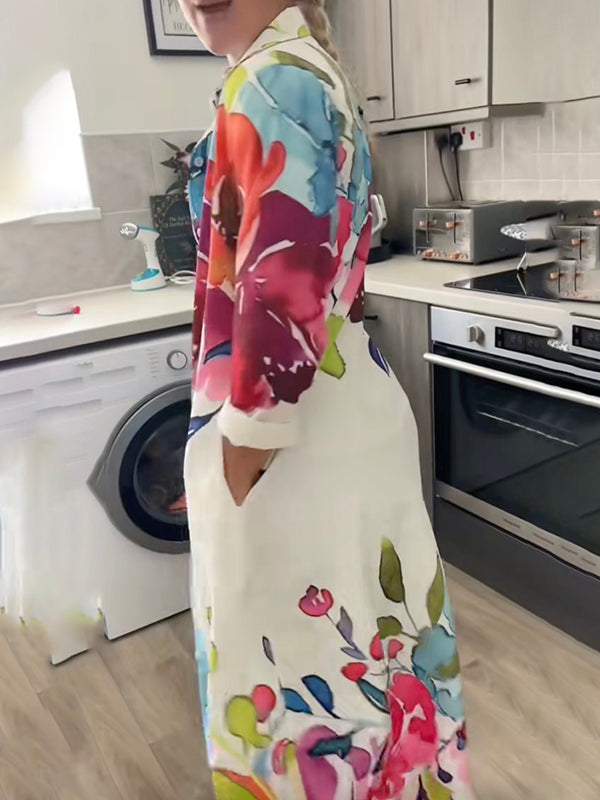 Long Sleeves Buttoned Flower Print Tied Waist Lapel Maxi Dresses