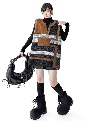 1734778 Loose Sleeveless Contrast Color Geometric Split-Joint Striped V-Neck Outerwear Vest Top