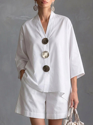 1782052 Loose Three-Quarter Sleeves Buttoned Pockets Solid Color V-Neck Blouse Top + Shorts Bottom Two Pieces Set