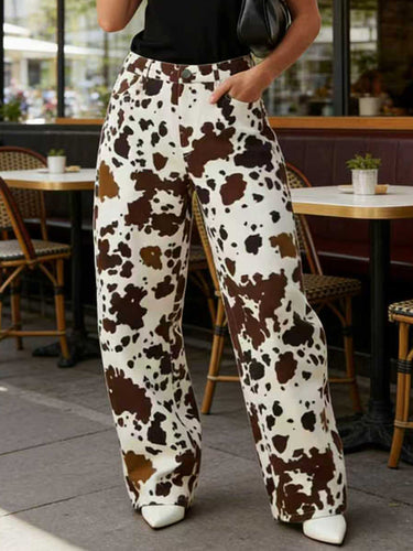 Elasticated Waist High Waisted Contrast Color Cow Printed Split-Joint Pants