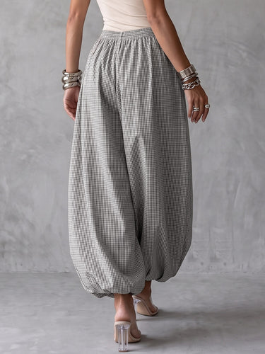 1788982 Pockets Plaid Elasticity Drawstring Wide Leg Loose Trousers Pants
