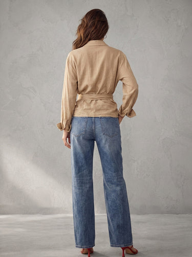 1781700 Long Sleeves Loose Buttoned Knot Solid Color Lapel Blouses&Shirts Tops