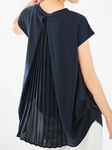 Camisetas de cuello redondo de color sólido plisado de mangas cortas