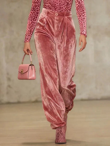 High Waisted Pleated Pockets Solid Color Velvet Pants Trousers