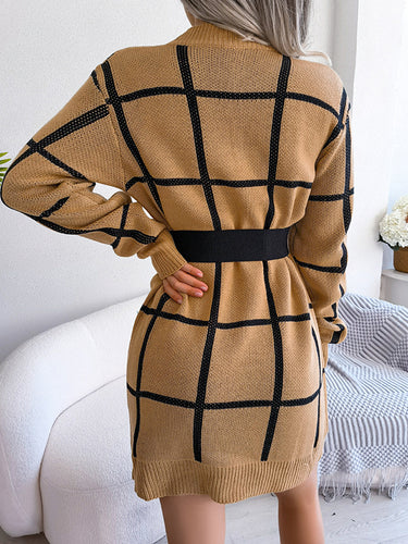 1713402 Elasticated Waist Long Sleeves Belted Contrast Color Plaid Round-Neck Mini Dresses Sweater Dresses