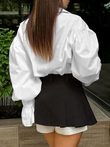 1751883 Flared Sleeves Long Sleeves Buttoned Pleated Solid Color Split-Joint Lapel Blouses&Shirts Tops