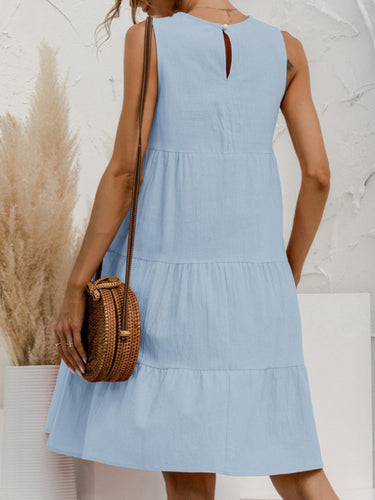 1780279 A-Line Loose Pleated Solid Color Split-Joint Round-Neck Mini Dresses