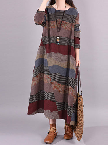 Artista Retro Loose Ramie Ramie Cotton Stripe Multi-Color de mangas largas de cuello redondo midi Midi Vestido