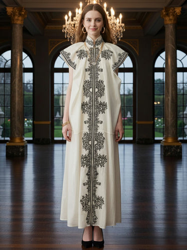 1755575 A-Line Loose Contrast Color Pleated Printed Split-Joint Stand Collar Maxi Dresses