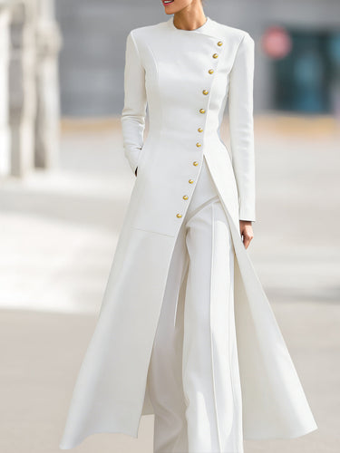 High Waisted Long Sleeves Buttoned Solid Color Split-Front Round-Neck Midi Dresses