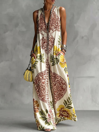 Beige Floral Deep V-Neck Wide Leg Jumpsuit Uoozee official Beige Floral Deep V-Neck Wide Leg Jumpsuit Uoozee official