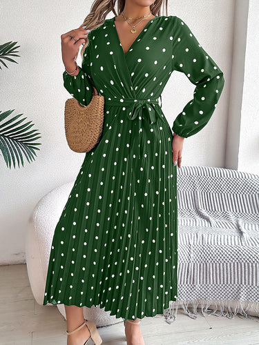 1756165 High Waisted Long Sleeves Pleated Polka Dot Tied Waist V-Neck Maxi Dresses Shirt Dress